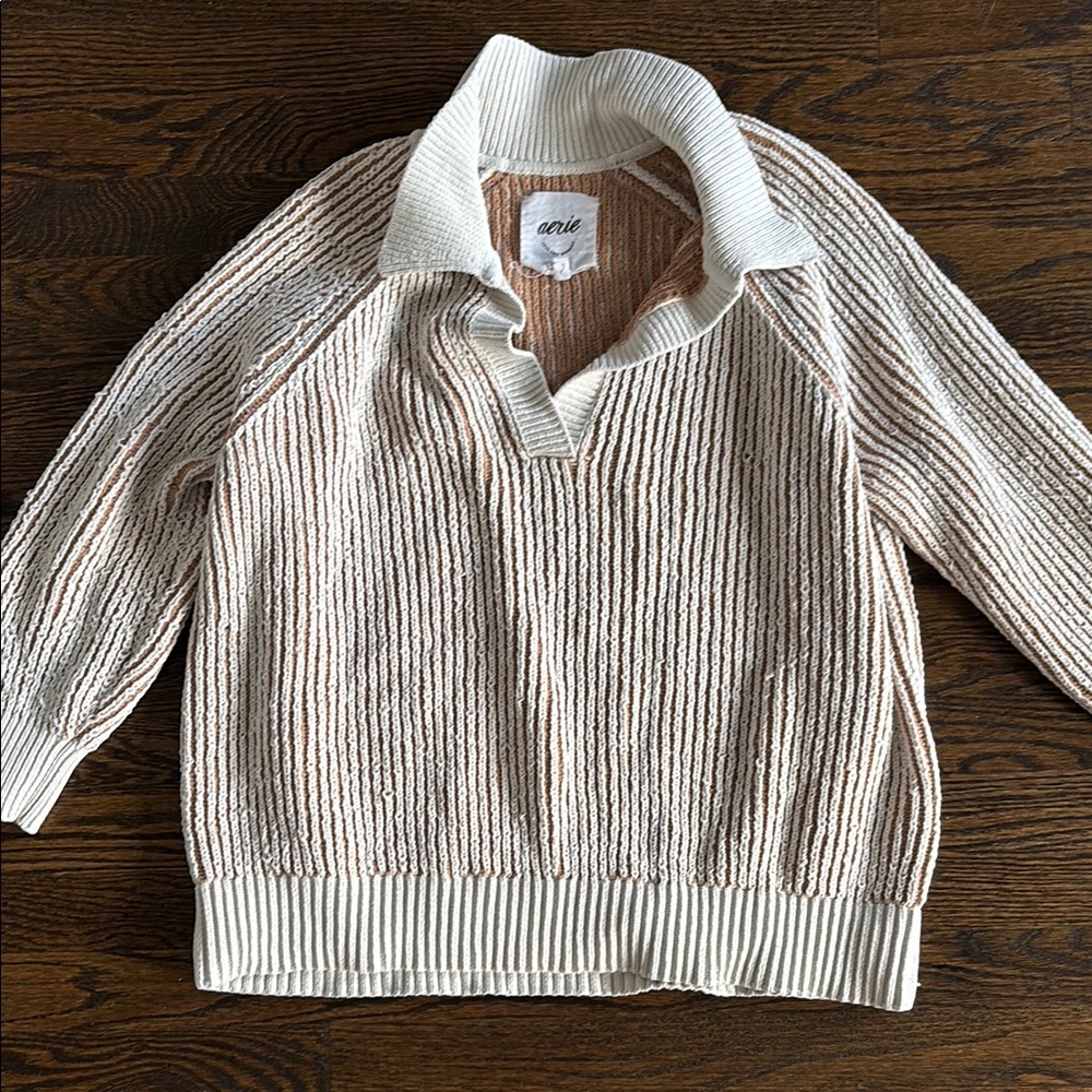 Aerie Striped Cream and Tan Sweater
